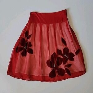Monkey Wear Vintage Silk Chiffon Skirt Girls 8 Red Velvet Flower Applique A-Line
